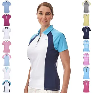 Under Par Damen Golf Pro Qualität Atmungsaktiv Wicking 5 Styles 10 Farben Ärmel & Ärmellos Golf Polo Shirt M Style 1673 - Weiß/Marineblau/Sommerblau