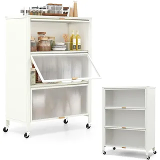 KOMFOTTEU Küchenregal mit 4 Ebenen, Schrank mit 4 Rollen und transparenten Klapptüren, Aufbewahrungsschrank aus Metall mit Kippsicherung für Esszimmer, 81 x 37 x 115 cm - Weiß