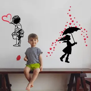 SUPERDANT Mädchen Wandtattoo Herzen Wandsticker Straßenkunst Kleines Mädchen Mit Herz Ballon Straßen Graffiti Wandaufkleber Dekoration Vinyl Wandsticker Für Zuhause Schlafzimmer Wohnzimmer