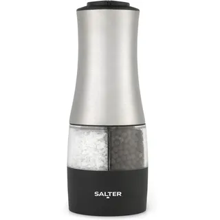 Salter BW12944EU7 Duo elektrische Salz- und Pfeffermühle – Bedienung per Tastendruck, einhändige Verwendung, einstellbarer Mahlgrad, Keramikmechanismus, Klares Acrylfenster, Sockelkappe für Frische