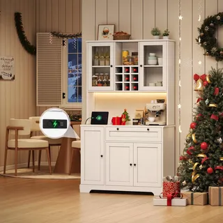 Ball & Cast Küchenschrank, Buffetschrank mit verstellbaren Einlegeböden, Steckdosen und Integrierter Beleuchtung, 105x40x180 cm, Weiß