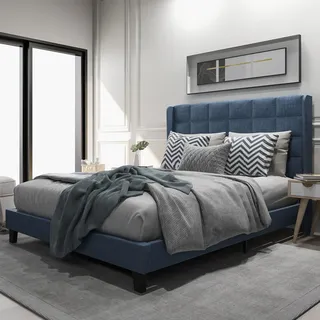 MODFU Polsterbetten 140×200 cm Doppelbett mit seinem gepolstertes Kopfteil,Bettrahmen Holzbett mit Lattenrost,ohne Matratze,Blau - Blau