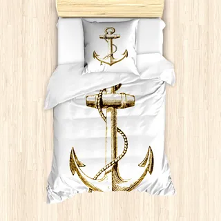 ABAKUHAUS Anker Bettbezug Set für Einzelbetten, Nautische Symbol Reise, Milbensicher Allergiker geeignet mit Kissenbezug, Goldweiß - Gold