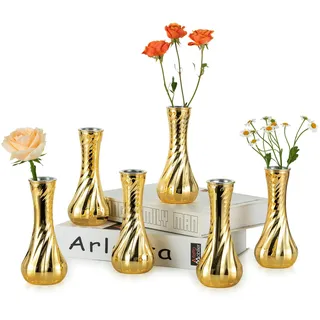 NUPTIO Kleine Glasvasen Vase Gold: 6 Stück Mini Vasen Blumenvase für Tischdeko Vintage Hochzeit Geburtstag - Gerippte Glasvase Goldene Vase für Heimdekoration Party
