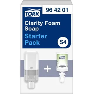 Tork Spender für Seifen und Händedesinfektionsmittel Starter Pack Weiß S4, enthält Spender und 1 Nachfüllung Reine Hand Schaumseife, 964201, 6 Stück