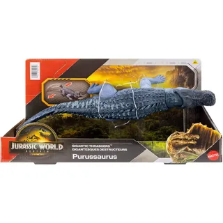 Mattel Jurassic World: Die Wiedergeburt Gigantic Thrashers-Dinosaurierfigur, Purussaurus große Spezies Spielzeug, 2 Stampfattacken, digitaler Spielspaß, JGB94, [Mehrfarbig]