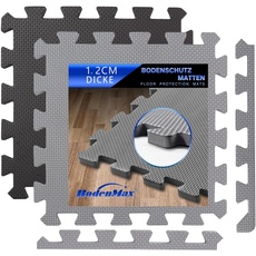 BodenMax Puzzlematte grau + antirutsch Pads | Sportmatten Bodenschutzmatte Fitnessmatte Schutzmatte für Fitnessraum 32 x 32 x 1,2 cm extra dick [20% mehr Schutz] | 12 Stück
