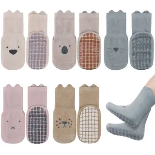 Vicloon Rutschfeste Socken für Baby, 5 Paar Baby Socken Baumwolle,Süße Katze Kleinkind Socken Baby, Kinder Anti Rutsch Socken for Babies Toddlers and Kids(0-12 Monate)