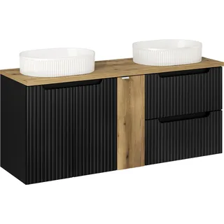 Badezimmerset 140 cm mit schwarzer Front und Eichenplatte - Funktionalität und Design in einem - Schwarz, Braun