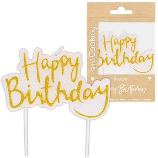ScrapCooking - Goldene Kerze „Happy Birthday" - 10 x 10 cm - Geburtstagskerze für Torten - Paraffin-Dekoration - Party-Zubehör - Kinder Mädchen Jungen Glitzer - Gold - 4825