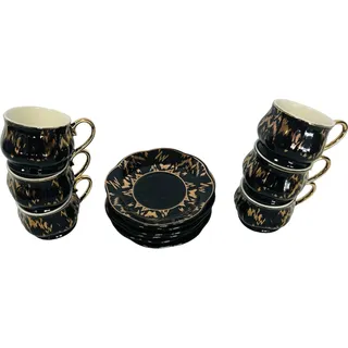 Designer Espressotassenset für 6 Personen Tassen Geschirr Tafel Set Mokkatassen 6X Tassen + 6X Untertasse aus Porzellan Schwarz-Gold Retro Style Kaffeegedeck - Schwarz, Gold