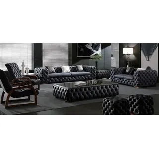 JV Möbel Chesterfield 3+2 Sitzer Garnitur Sofa Couch - Schwarz