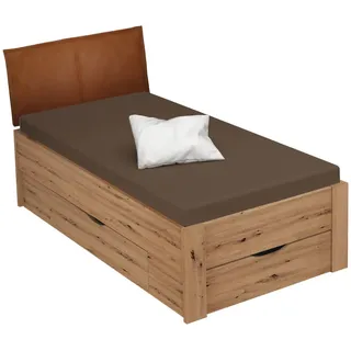 Xora Stauraumbett , Eichefarben , Holzwerkstoff , 2 Schubladen , 90x200 cm , Blauer Engel, Goldenes M , gepolstertes Kopfteil, Lattenrosthöhe individuell einstellbar, in verschiedenen Holzdekoren erhältlich, mit Schubkästen, in verschiedenen Größen erhältlich , Babymöbel & Kindermöbel, Kinderzimmer & Jugendzimmer, Kinderbetten, Kinderbetten & Jugendbetten