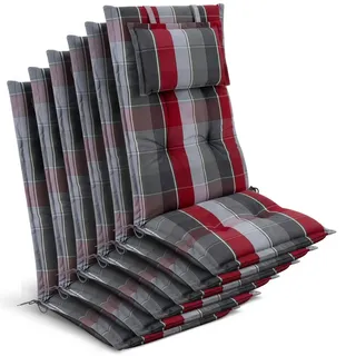 Beautissu Hochlehner Auflage 120 x 50 x 7 cm grau/rot/hellblau kariert 6-tlg.