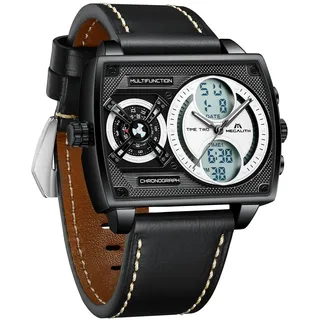 MEGALITH Herren Uhr Lederarmband Armbanduhr: Groß Zifferblatt Quadratisch Multi-Zeitzone - Digital Sportuhr für Herren Schwarz - Analog Quarz Uhren fur Männer