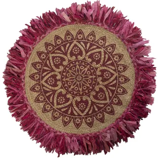 DRW Runder Teppich mit Fransen aus Baumwolle, Jute in Natur und Fuchsia