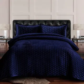 Tribeca Living LUGANOQUITWNA Lugano Velvet Oversized Quilt Set, Samt, Marineblau, Twin