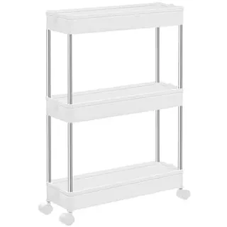 ASelected Servierwagen mit Rollen, 3 Ebenen Rollwagen Schmal, Nischenwagen Nischenregal mit 4 Haken für Küche Bad Waschküche, 60x35x13CM