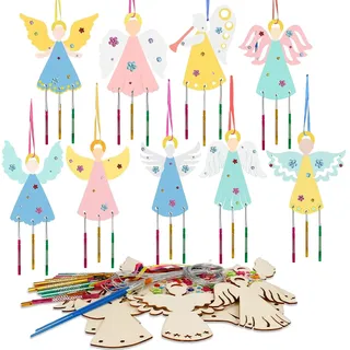 Zoonvii Windspiel Bastelset Kinder,9 Stück Weihnachten Bastelset Kinder DIY Windspiel,Engel windspiel Holz Basteln,Weihnachtsbasteln mit Kindern,Holz Weihnachtsdeko zum Bemalen
