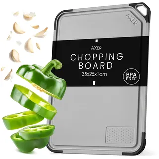 Axer Schneidebrett Kunststoff Groß BPA Frei - Universalgröße 35x25 cm Küchenbrett Spülmaschinenfest - Schneidbrett mit Saftrille Standfüßen Griff und Reibe - Cutting Board - Hellgrau