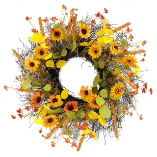 Türkranz Herbst 50cm 20" Künstlich Türkranz Herbstdeko Kranz Sonnenblume Ahornblatt Reisähren Kranz für Haustür Decor für Halloween Thanksgiving Weihnachts