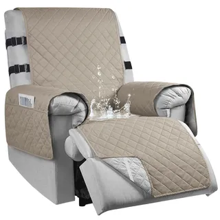 RAPRAP 100% Wasserdicht Sesselschoner für Relaxsessel, rutschfest Sesselauflage mit Taschen für Hunde Kindern, Sesselschoner für Fernsehsessel mit 2 Verstellbaren Riemen, Sesselbezug, Taupe, S