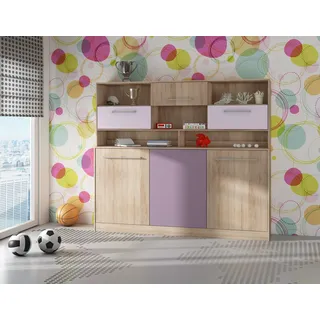 Wandbett Horizontal Schrankbett ROGER 90x200 cm Wandklappbett, Schrankklappbett, Schrank mit integriertem Klappbett, Funktionsbett SONOMA EICHE / VIOLETT (mit zusätzlichen Regalen) - Violett