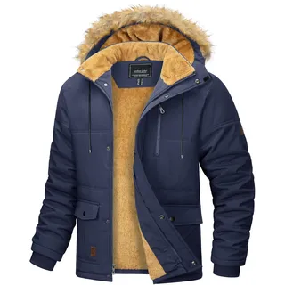 MAGCOMSEN Herren Fleece Parka Gefüttert Outdoor Winterjacke Winddicht Freizeitjacke Warme Daunenjacke Männer Fahrrad Arbeitsjacke Dick Wandern Mantel mit Abnehmbar Kapuze Dunkelblau XXL