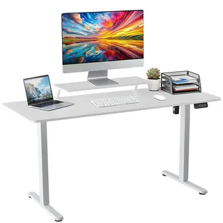 DUMOS Höhenverstellbarer Schreibtisch 140 x 60 cm, Elektrischer Schreibtische Höhenverstellbar, Gaming Tisch mit Monitorständer, Stehpult Verstellbarer Computertisch, Adjustable Standing Desk, Weiß