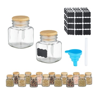 Relaxdays Gewürzgläser 16er Set, eckig, Gewürzdosen Glas, 100 ml, mit Etiketten, Stift & Trichter, transparent/Natur, Bambus, Silikon