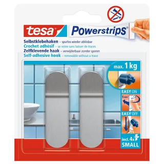 Tesa Powerstrips Small Metall - Selbstklebender Wandhaken für Glas, Kacheln, Holz, Kunststoff und andere Untergründe - Metall