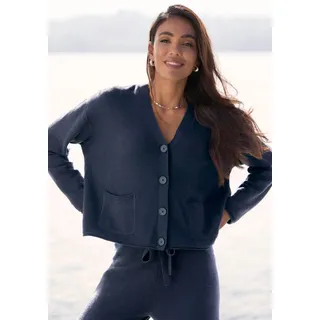 Strickjacke ELBSAND, Damen, Gr. 32/34, marine, Feinstrick, Obermaterial: 55% Baumwolle, 45% Nylon, unifarben, figurumspielend hüftlang, tiefer V-Ausschnitt, Rollsäume, Strickjacken Strickjacke, aus hochwertigem Feinstrick, Loungewear, Topseller