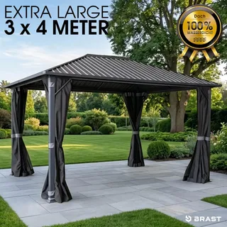 BRAST Pavillon Aluminium Miami | Größen 3x3m 3x4m 4x4m | viele Modelle | Hardtop mit Stahlach | wahlweise mit LEDs | Moskitonetz | Anthrazit | wasserdicht | UV-Schutz | 3x4m - Grau