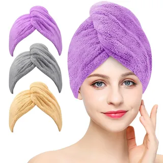 Laicky 3 Stück Mikrofaser Handtuch Haare Haarturban mit Knop zumTrocknen von Haaren, super saugfähig, verdrehter Turban,passend für Lange, Kurze, Locken, gerade Haare, (Grau Khaki Lila)