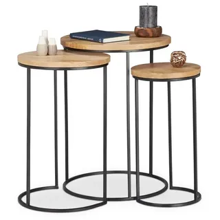 Relaxdays Beistelltisch 3er Set, runde Ablage, Satztische in 3 Größen, ineinander stellbar, Metall und Mangoholz, natur, H x D: ca. 56 x 41 cm