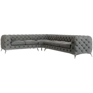 s-style möbel - Chesterfield Ecksofa Cleo mit Silber Metall Füßen aus Grau Samtstoff, Ottomane links, B/T/H: 323 cm/ 264 cm/ 75 cm - Grau