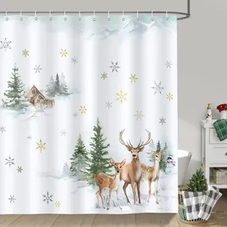 Bonhause Duschvorhang Winter Wald Kiefer Hirsch Schneeflocke Weihnachten Duschvorhänge 180 x 180 cm Anti-Schimmel Wasserdicht Polyester Stoff Waschbar Bad Vorhäng für Badzimmer mit 12 Haken