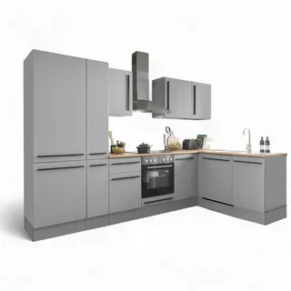 Stella Trading Denver Moderne Eckküche mit Elektrogeräten in Grau, Lancelot Eiche Optik - Geräumige Küchenzeile in L-Form mit viel Stauraum - 310 x 211 x 60 cm (B/H/T)