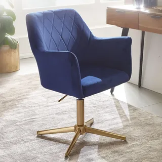 FineBuy Schreibtischstuhl Samt Blau Drehstuhl mit Lehne Schalenstuhl 120 kg Höhenverstellbar Arbeitsstuhl ohne Rollen Stuhl Schreibtisch Home-Office - Blau