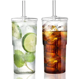 Glasbecher mit Deckel und Strohhalm,2 Stück 600ml/20Oz Trinkbecher Iced Coffee Glas Smoothie Becher Eiskaffee Becher für Milch, Eiswasser, Saft, Kaffee, Soda, Cocktail, kalte oder heiße Getränke