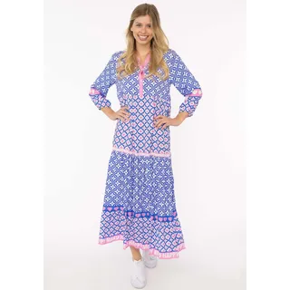 Maxikleid ZWILLINGSHERZ "Dreams", Damen, Gr. SM (S/M), N-Gr, blau (royalblau), Stoff, Obermaterial: 100% Viskose, loose fit ca. Mitte Knie, V-Ausschnitt, Kleider Maxikleid, mit Mustermix, Knopfleiste und 3/4 Arm