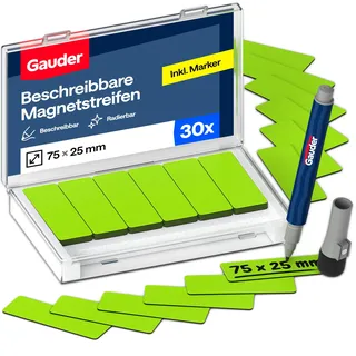 GAUDER Magnetetiketten beschreibbar - Wiederverwendbare Magnetschilder zum Beschriften für Whiteboard, Tafel, Kanban-Board und Kühlschrank - Magnetkarten mit Marker (30 Stück - 75 x 25 mm)