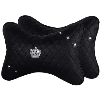 eing Auto-Nackenkissen aus PU-Leder mit glitzernden Strasssteinen, universelles knochenförmiges Fahrzeug-Kopfstützenkissen für Damen und Mädchen, Schwarz, 2 Stück