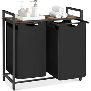 VASAGLE Wäschekorb 2 Fächer, Wäschesammler mit Ablage, Wäschebox, Wäschesack aus Oxford-Gewebe, abnehmbar, Metallrahmen, 2 x 46 L, 73 x 33 x 72 cm, tintenschwarz-vintagebraun BLH201B01