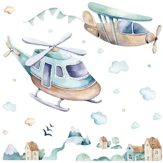 Wallfluent Wandaufkleber 80x116cm - Hubschrauber und Flugzeug , Multicolor , Kunststoff , Rechteckig , 80x116x0.1 cm , Tapeten & Wandverkleidungen, Wandtattoos & Sticker, Wandtattoos