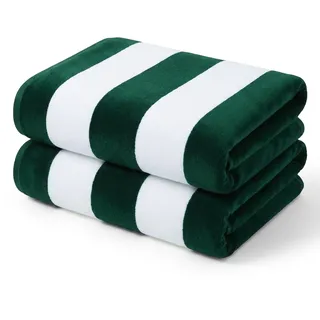 Yebeda 2er-Set Strandtuch 180x90 cm Große Strandtücher aus Baumwolle, Weiche und Saugfähige Badetuch Pooltuch Duschtuch mit Streifenmuster, Dunkelgrün