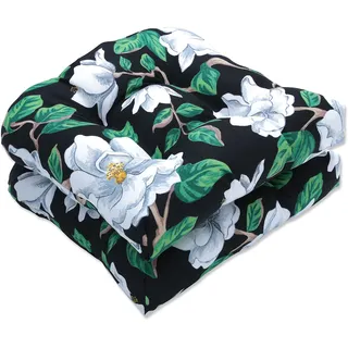 Pillow Perfect Sitzkissen mit Blumenmuster, getuftet, Wetter- und lichtbeständig, 48,3 x 48,3 cm, Schwarz/Weiß, Magnolie, 2 Stück