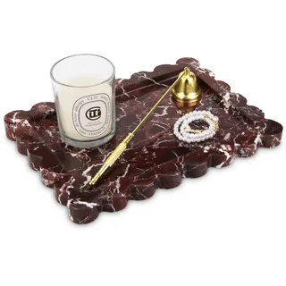 Marmor Tablett Gewelltem Naturstein Marmorplatte Kosmetiktabletts Badezimmer Tablett Luxuriöses Organizer Dekotablett für Schminktisch, Gewebe, Kerzen (Lila Rot, 27 x 20 cm)