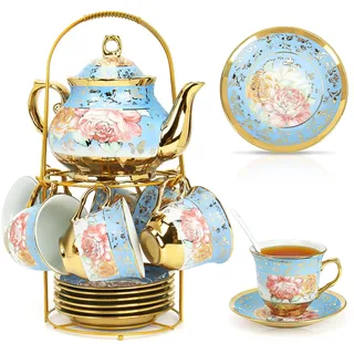 20 Stück Teeservice Porzellan Teeset mit Metallhalter, 700ml Teekanne Keramik Teeset, Blumendesign Goldenem Rand, 6x160ml Tassen und Untertassen für Frauen Teeparty, Blau