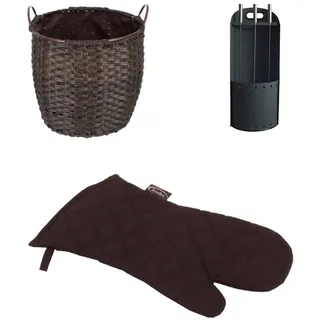Holzkorb-Set|Holzkorb,Kaminhandschuh,Kaminbesteck|Rattan Braun|33 L